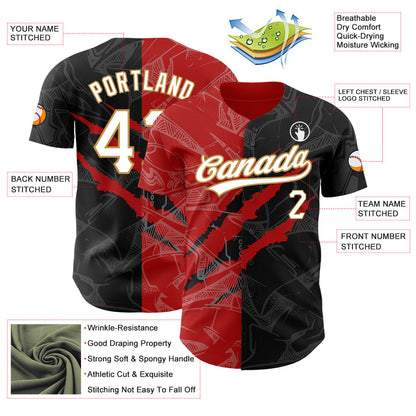Custom Graffiti Pattern Black Red-Old Gold 3D Scratch Authentic Baseball Jersey - Sky-Custom