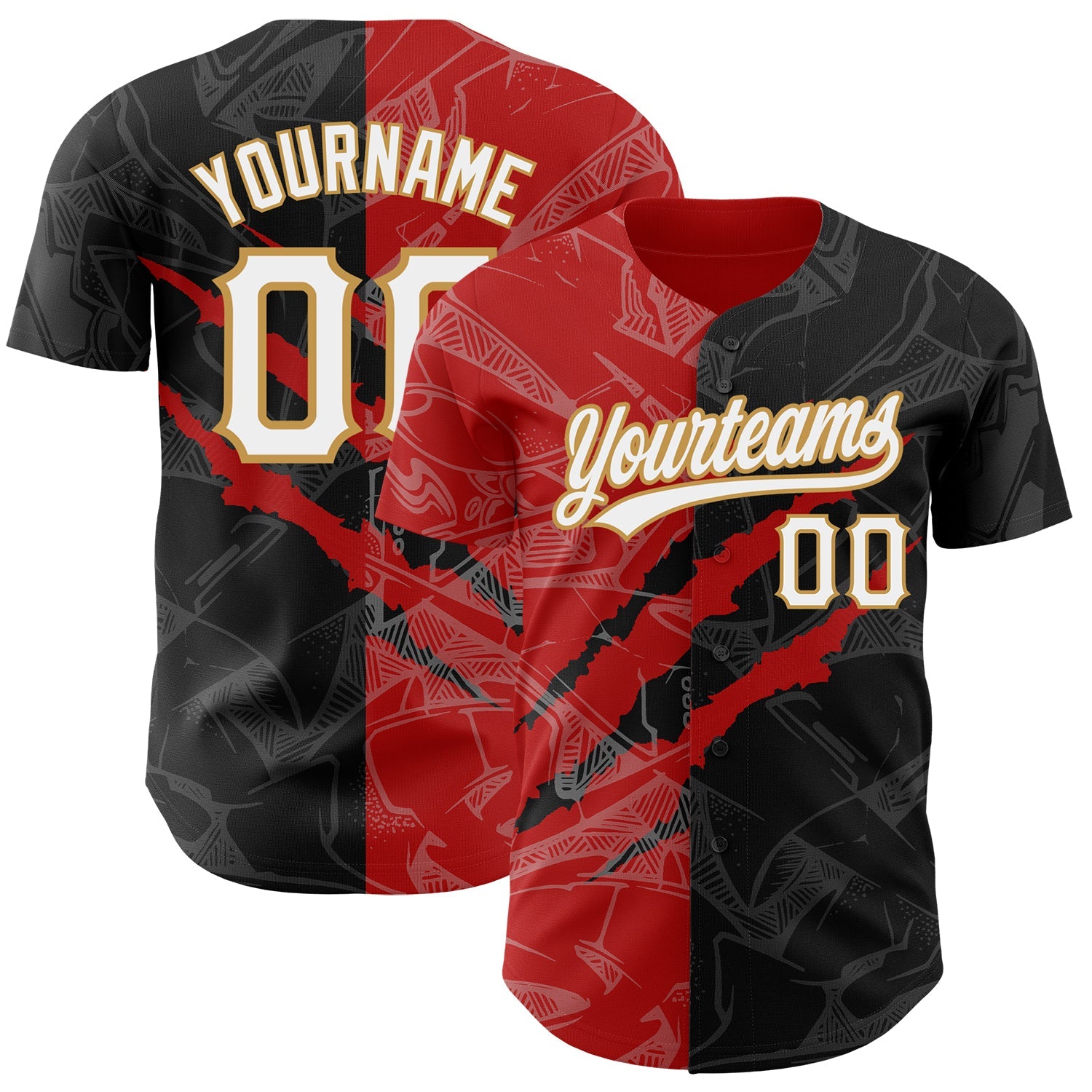 Custom Graffiti Pattern Black Red-Old Gold 3D Scratch Authentic Baseball Jersey - Sky-Custom