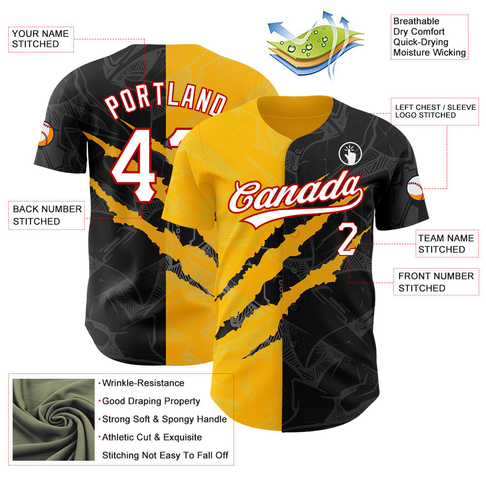Custom Graffiti Pattern Black Gold-Red 3D Scratch Authentic Baseball Jersey - Sky-Custom