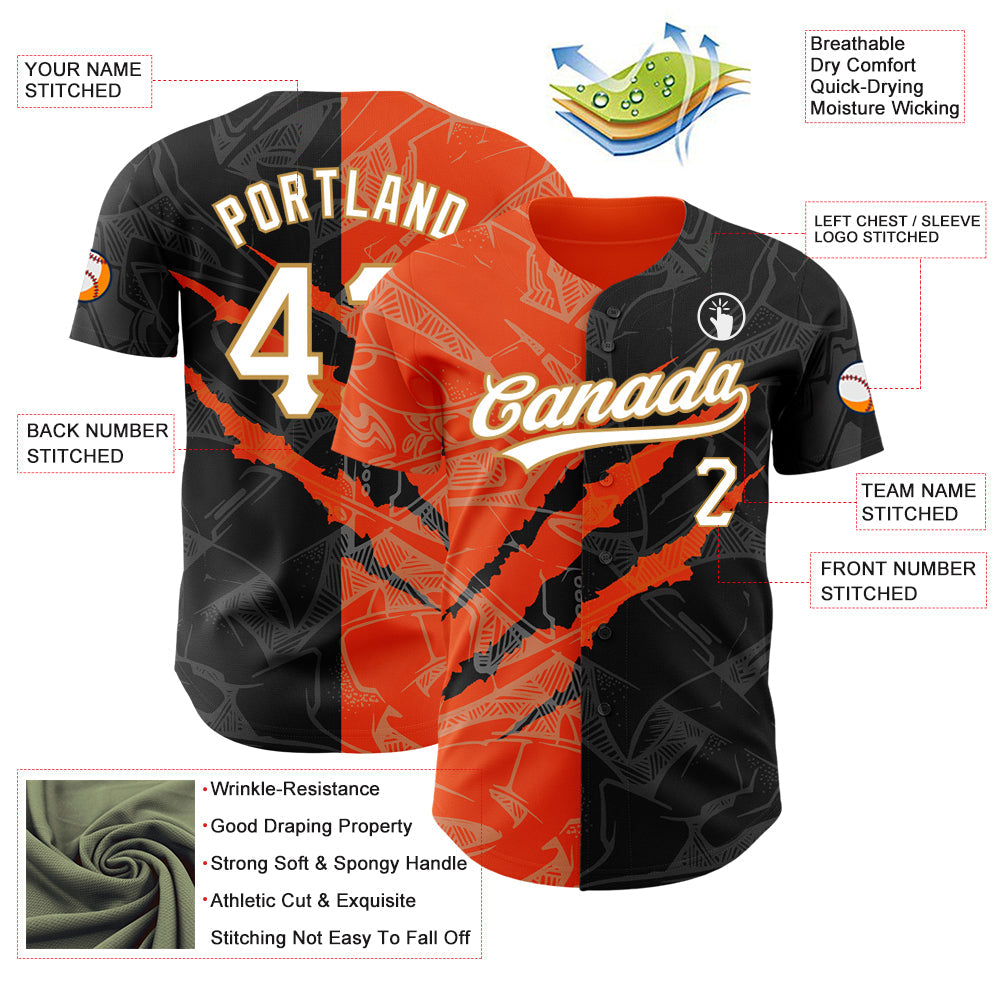 Custom Graffiti Pattern Black Orange-Old Gold 3D Scratch Authentic Baseball Jersey - Sky-Custom