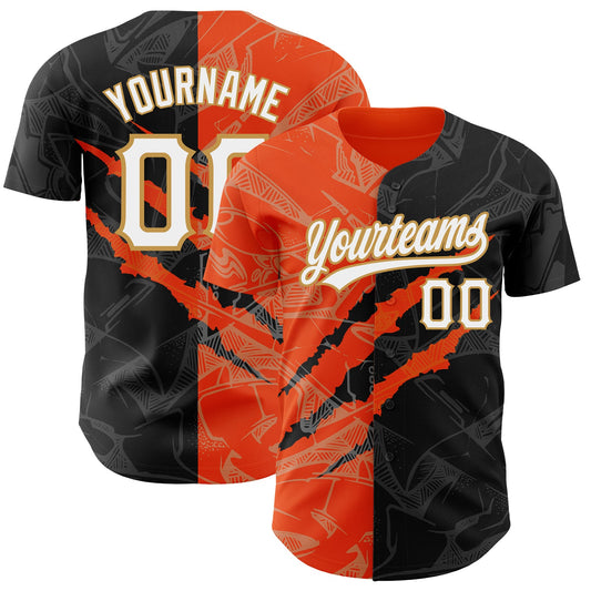 Custom Graffiti Pattern Black Orange-Old Gold 3D Scratch Authentic Baseball Jersey - Sky-Custom