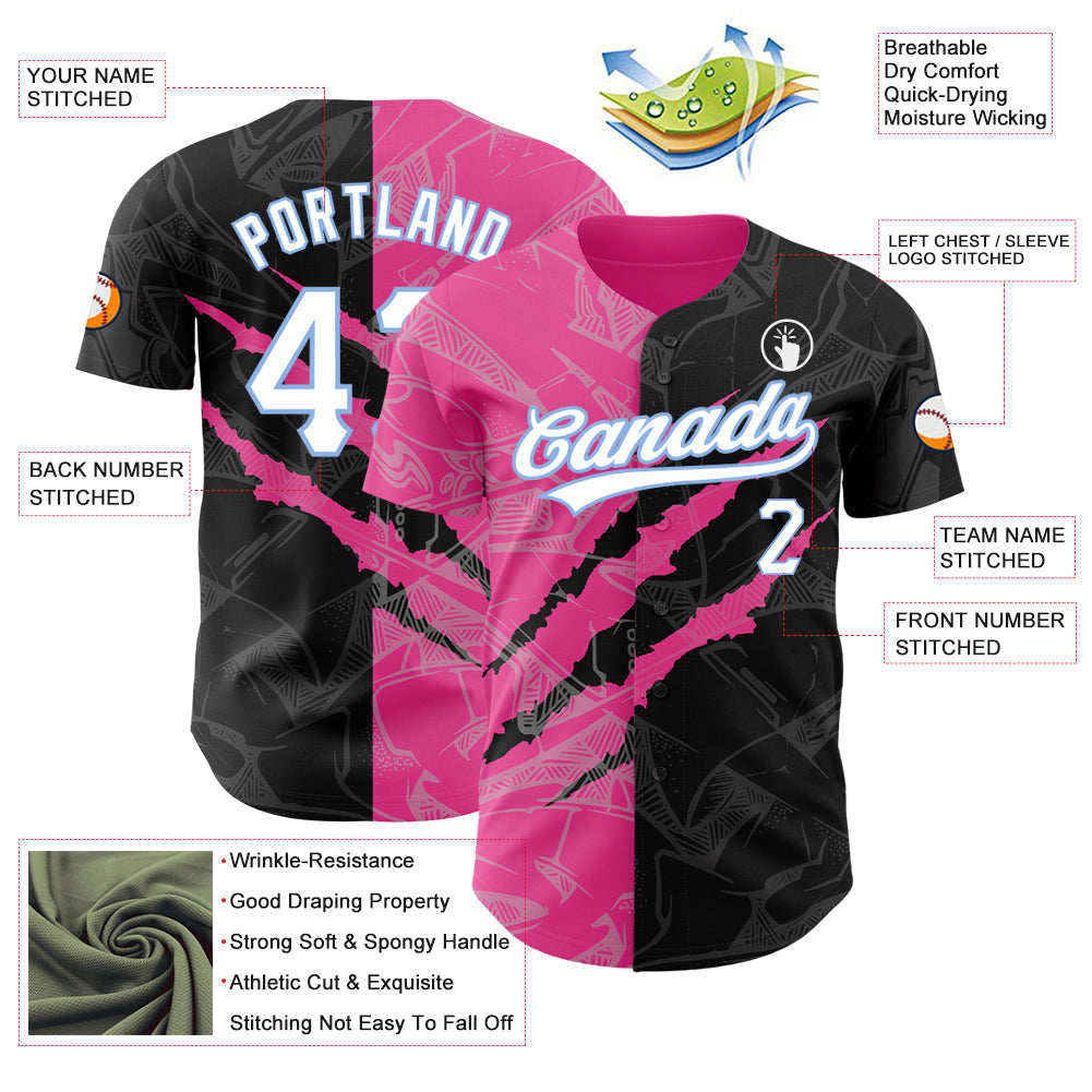 Custom Graffiti Pattern Black Pink-Light Blue 3D Scratch Authentic Baseball Jersey - Sky-Custom