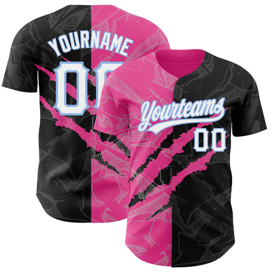 Custom Graffiti Pattern Black Pink-Light Blue 3D Scratch Authentic Baseball Jersey - Sky-Custom