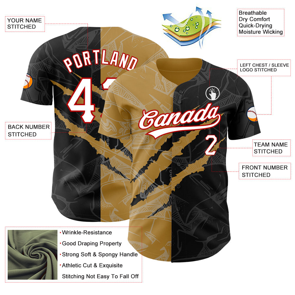 Custom Graffiti Pattern Black Old Gold-Red 3D Scratch Authentic Baseball Jersey - Sky-Custom