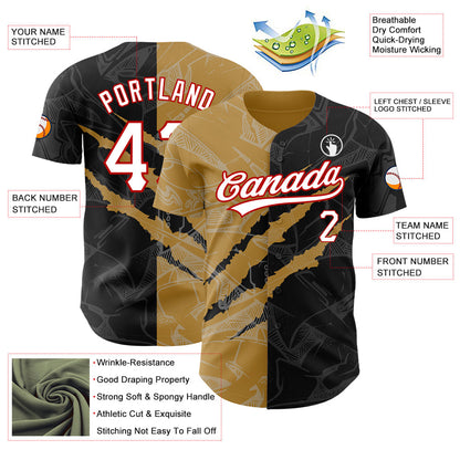 Custom Graffiti Pattern Black Old Gold-Red 3D Scratch Authentic Baseball Jersey - Sky-Custom