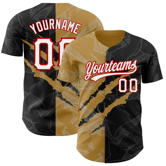 Custom Graffiti Pattern Black Old Gold-Red 3D Scratch Authentic Baseball Jersey - Sky-Custom