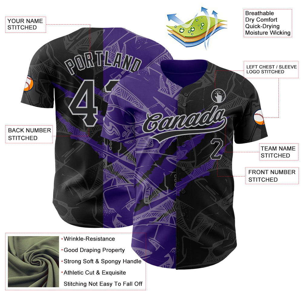 Custom Graffiti Pattern Black Purple-Gray 3D Scratch Authentic Baseball Jersey - Sky-Custom