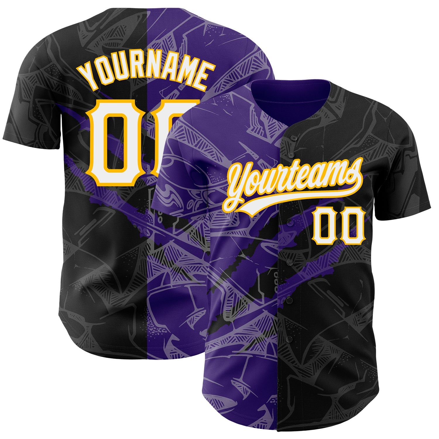 Custom Graffiti Pattern Black Purple-Gold 3D Scratch Authentic Baseball Jersey - Sky-Custom