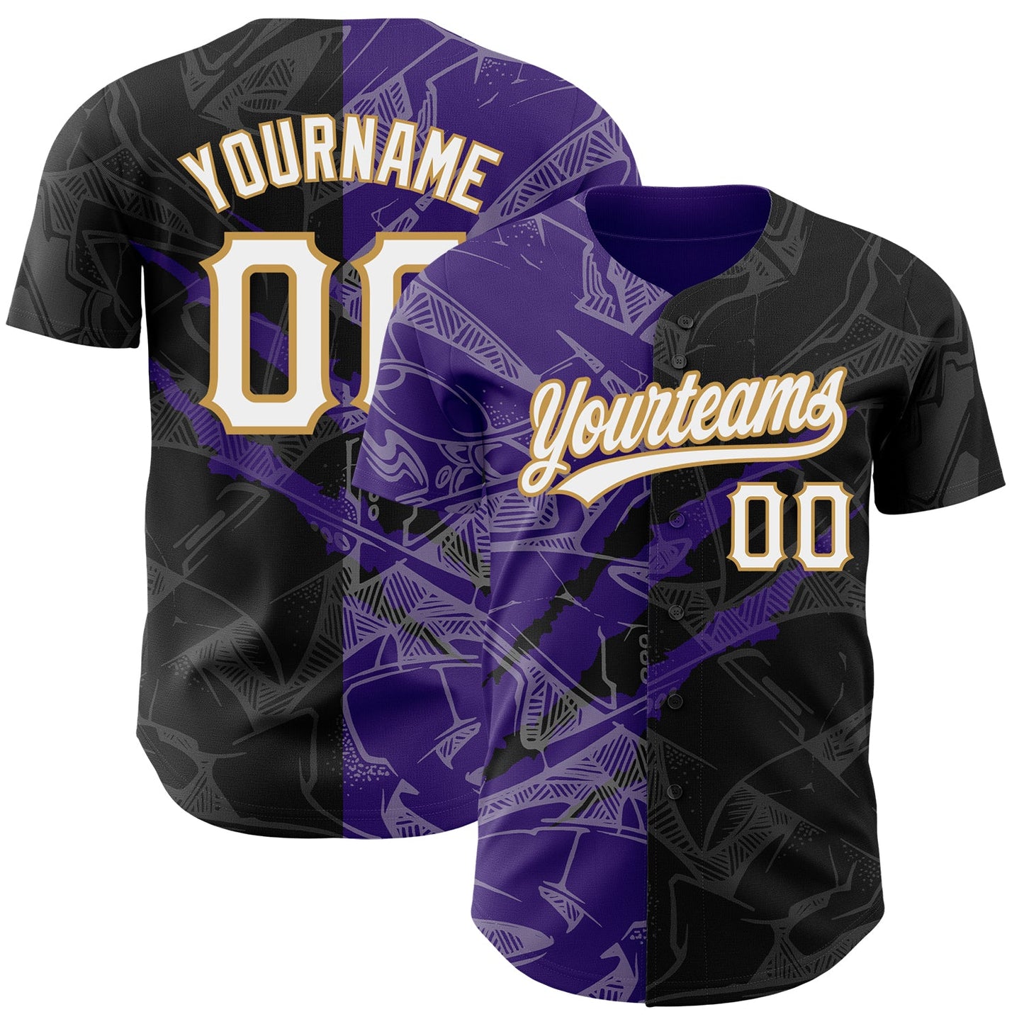Custom Graffiti Pattern Black Purple-Old Gold 3D Scratch Authentic Baseball Jersey - Sky-Custom