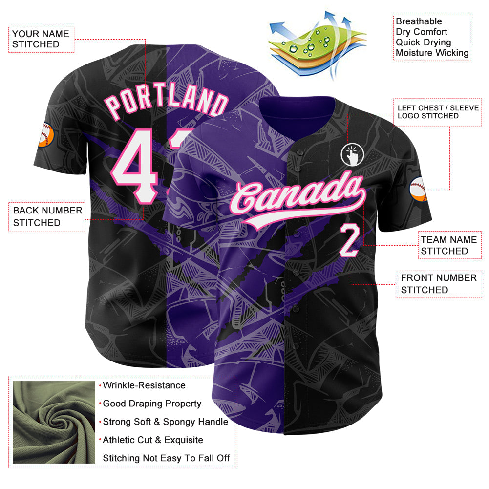 Custom Graffiti Pattern Black Purple-Pink 3D Scratch Authentic Baseball Jersey - Sky-Custom