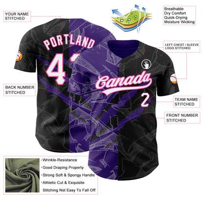 Custom Graffiti Pattern Black Purple-Pink 3D Scratch Authentic Baseball Jersey - Sky-Custom