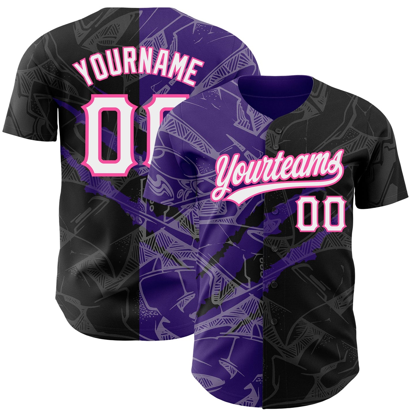 Custom Graffiti Pattern Black Purple-Pink 3D Scratch Authentic Baseball Jersey - Sky-Custom