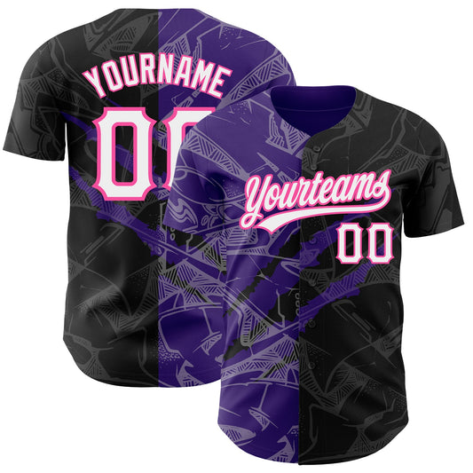 Custom Graffiti Pattern Black Purple-Pink 3D Scratch Authentic Baseball Jersey - Sky-Custom