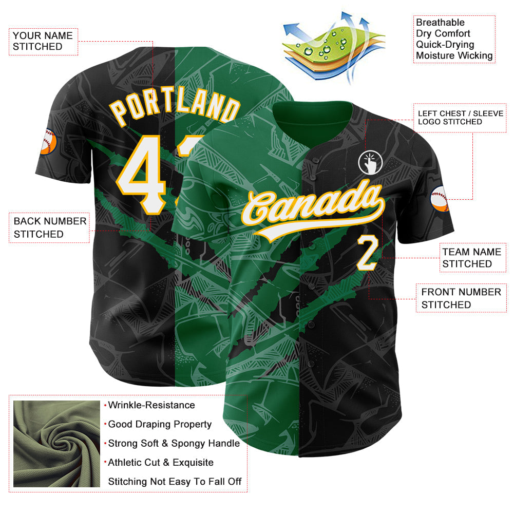 Custom Graffiti Pattern Black Kelly Green-Gold 3D Scratch Authentic Baseball Jersey - Sky-Custom