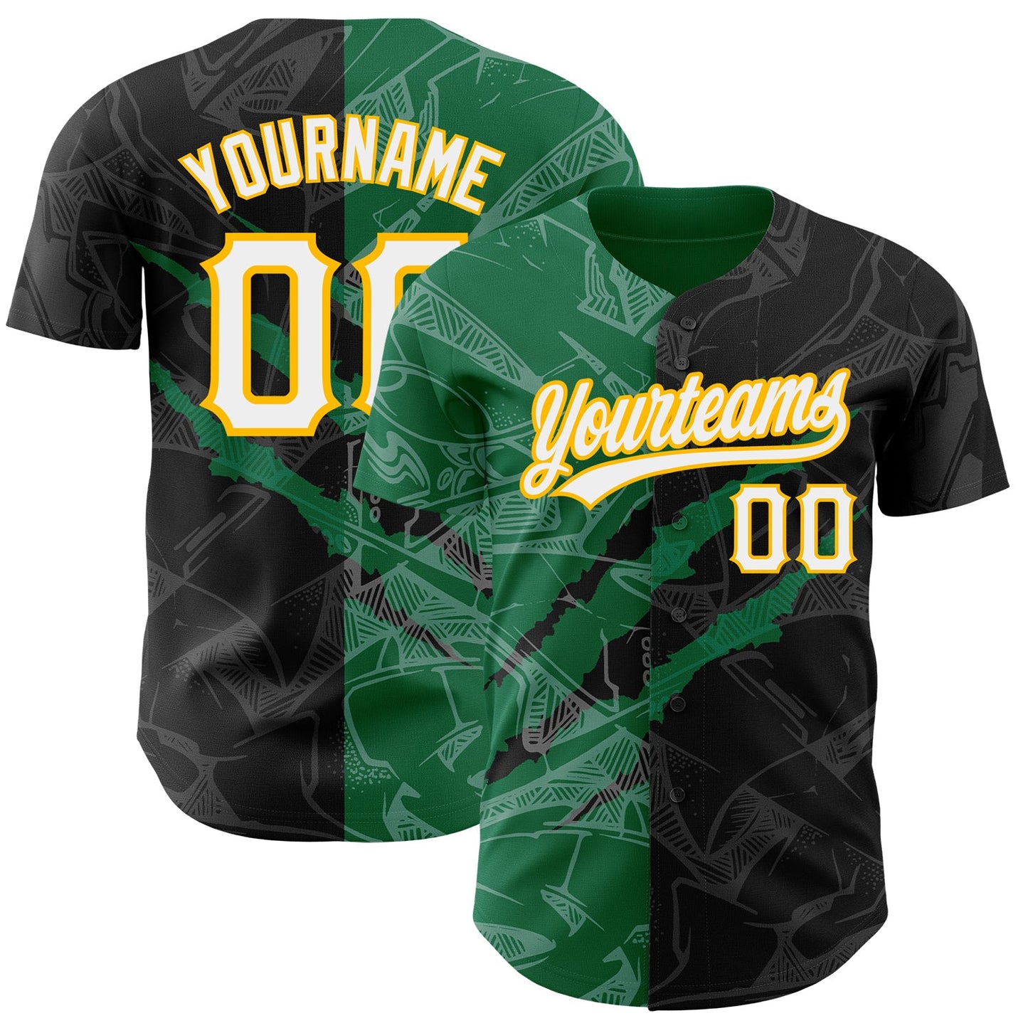 Custom Graffiti Pattern Black Kelly Green-Gold 3D Scratch Authentic Baseball Jersey - Sky-Custom