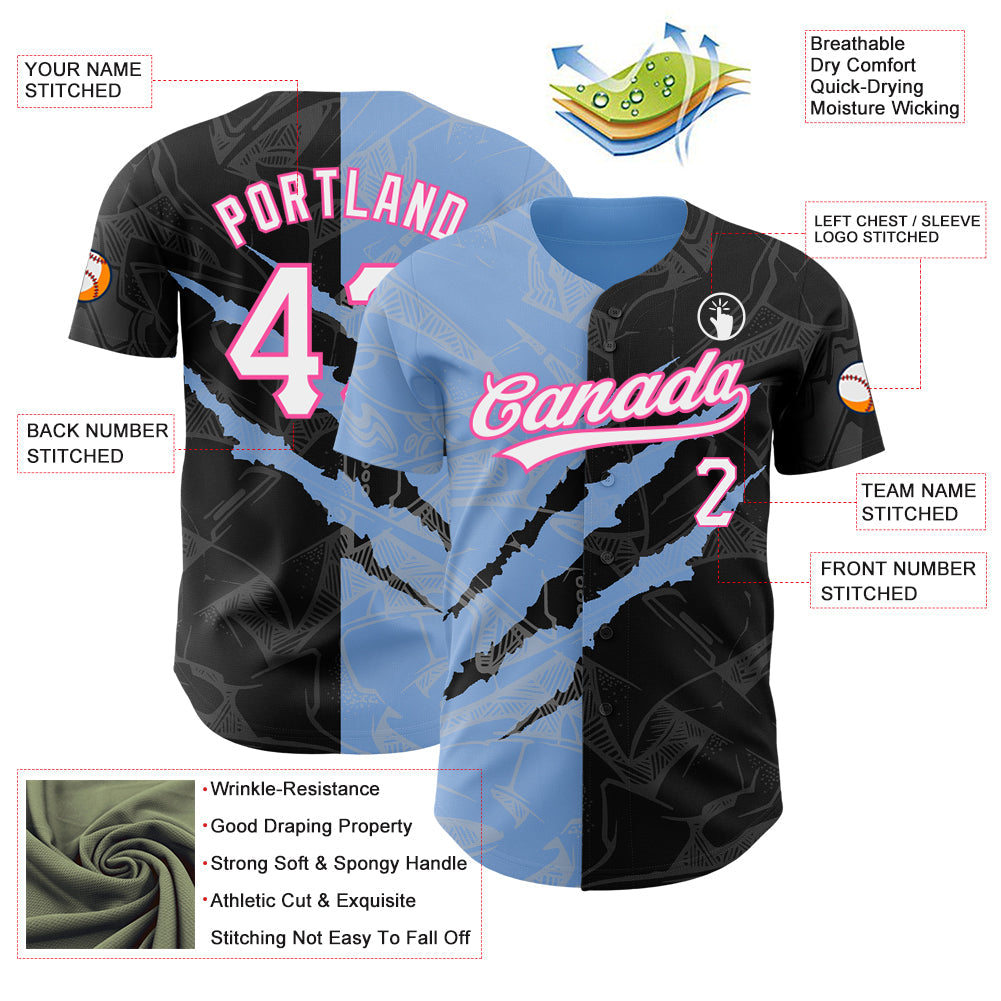 Custom Graffiti Pattern Black Light Blue-Pink 3D Scratch Authentic Baseball Jersey - Sky-Custom