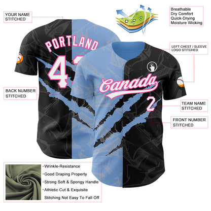 Custom Graffiti Pattern Black Light Blue-Pink 3D Scratch Authentic Baseball Jersey - Sky-Custom