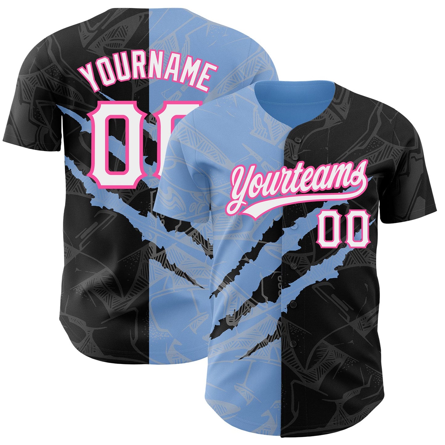 Custom Graffiti Pattern Black Light Blue-Pink 3D Scratch Authentic Baseball Jersey - Sky-Custom