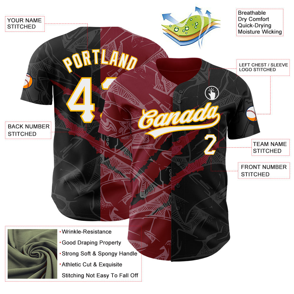 Custom Graffiti Pattern Black Crimson-Gold 3D Scratch Authentic Baseball Jersey - Sky-Custom