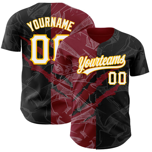 Custom Graffiti Pattern Black Crimson-Gold 3D Scratch Authentic Baseball Jersey - Sky-Custom