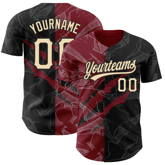 Custom Graffiti Pattern City Cream Black-Crimson 3D Scratch Authentic Baseball Jersey - Sky-Custom
