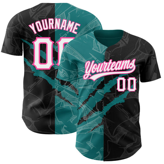 Custom Graffiti Pattern Black Teal-Pink 3D Scratch Authentic Baseball Jersey - Sky-Custom