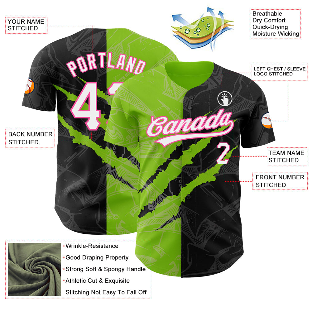 Custom Graffiti Pattern Black Neon Green-Pink 3D Scratch Authentic Baseball Jersey - Sky-Custom