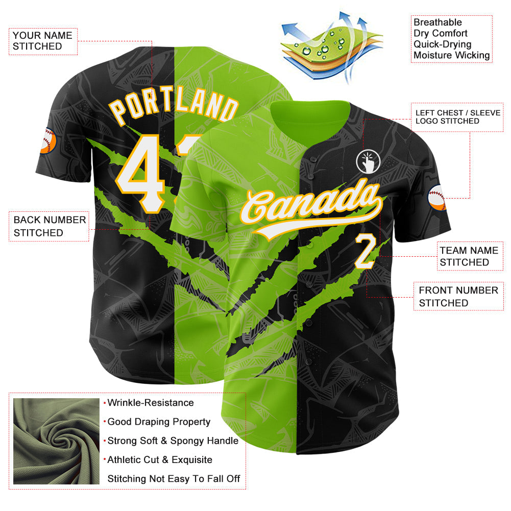 Custom Graffiti Pattern Black Neon Green-Gold 3D Scratch Authentic Baseball Jersey - Sky-Custom