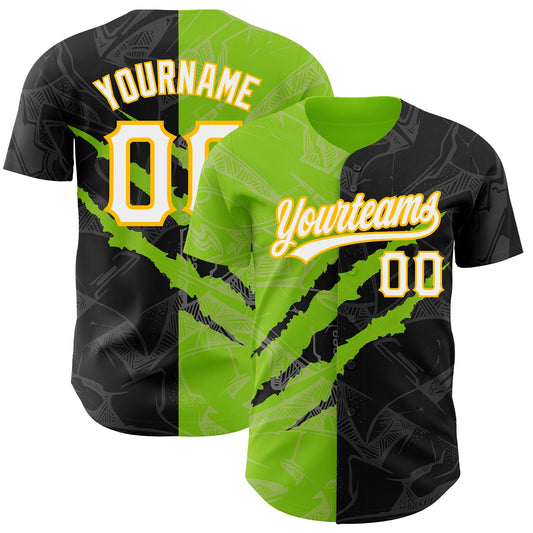 Custom Graffiti Pattern Black Neon Green-Gold 3D Scratch Authentic Baseball Jersey - Sky-Custom