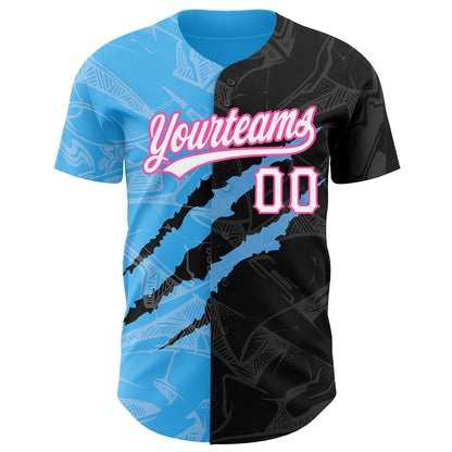 Custom Graffiti Pattern Black Sky Blue-Pink 3D Scratch Authentic Baseball Jersey - Sky-Custom