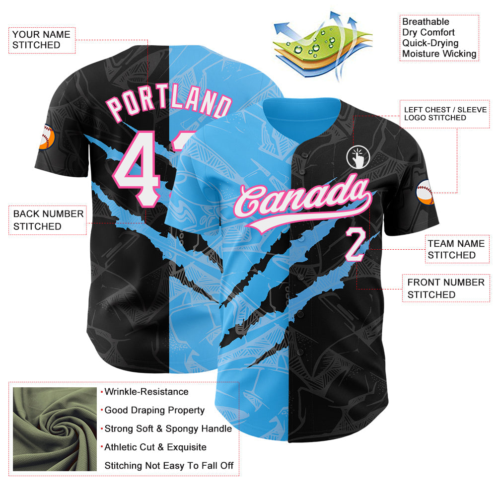 Custom Graffiti Pattern Black Sky Blue-Pink 3D Scratch Authentic Baseball Jersey - Sky-Custom