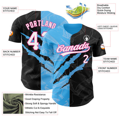 Custom Graffiti Pattern Black Sky Blue-Pink 3D Scratch Authentic Baseball Jersey - Sky-Custom