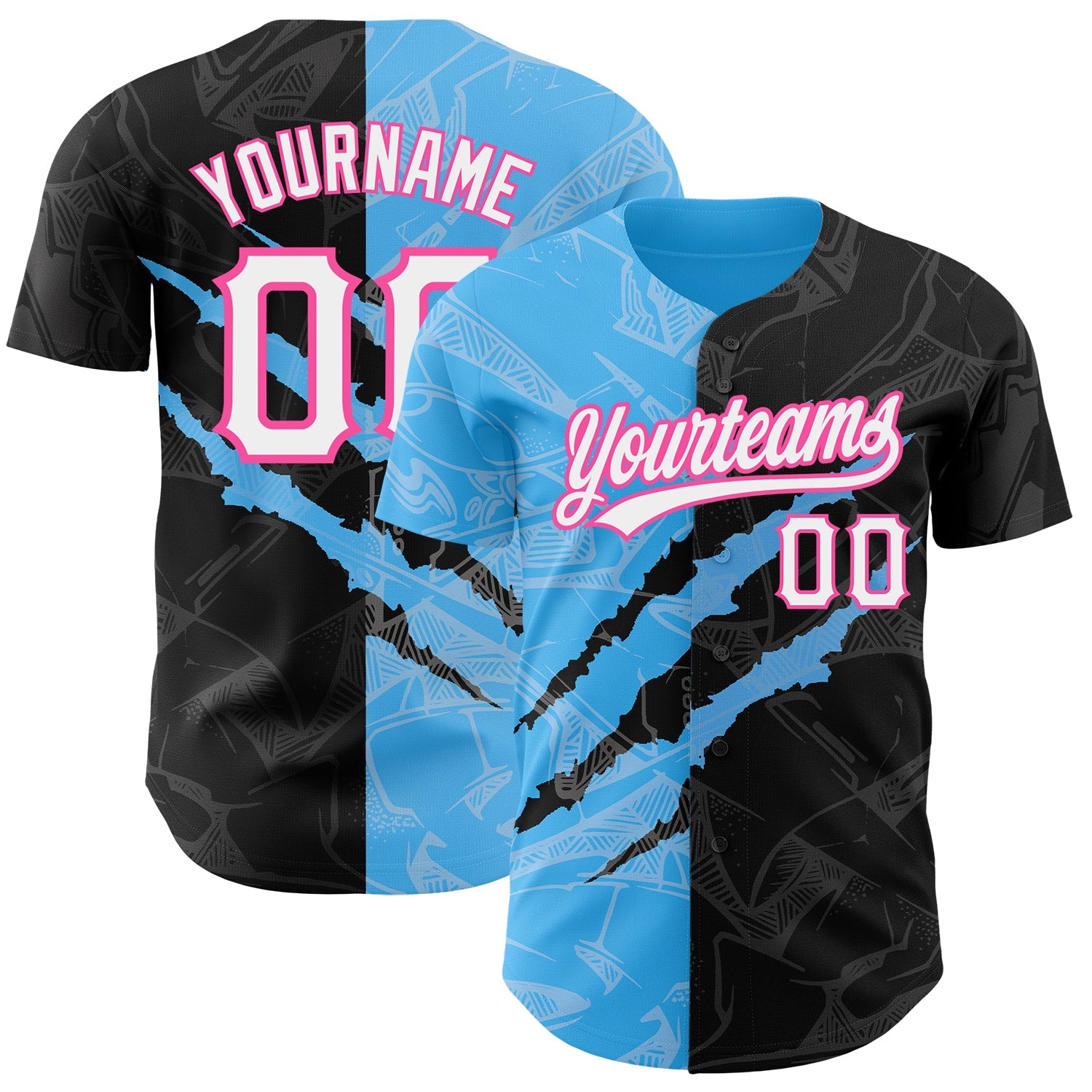 Custom Graffiti Pattern Black Sky Blue-Pink 3D Scratch Authentic Baseball Jersey - Sky-Custom