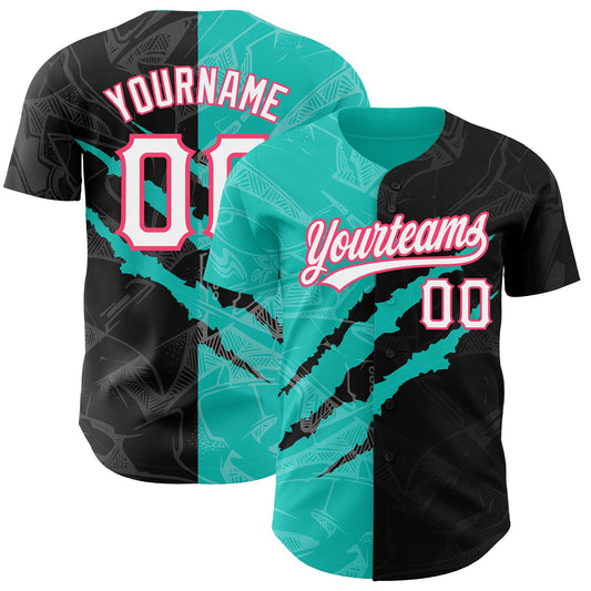 Custom Graffiti Pattern Black Aqua-Neon Pink 3D Scratch Authentic Baseball Jersey - Sky-Custom