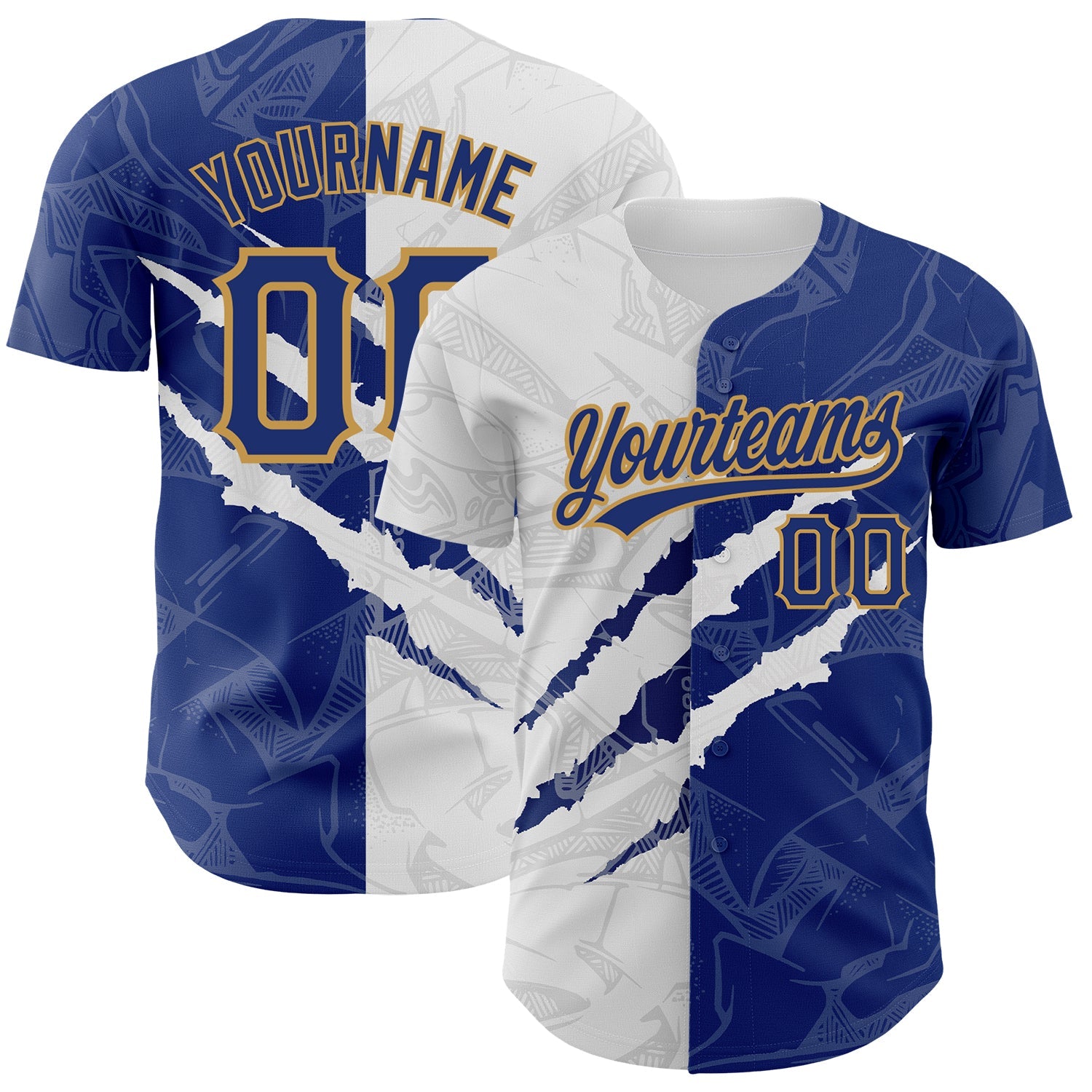 Custom Graffiti Pattern Royal-Old Gold 3D Scratch Authentic Baseball Jersey - Sky-Custom