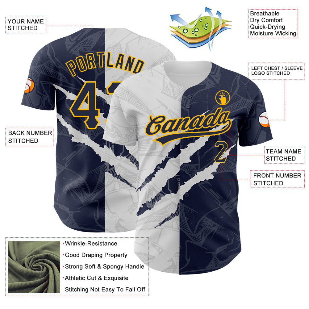 Custom Graffiti Pattern Navy-Gold 3D Scratch Authentic Baseball Jersey - Sky-Custom