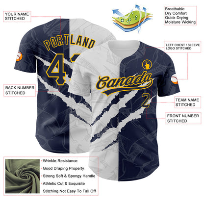 Custom Graffiti Pattern Navy-Gold 3D Scratch Authentic Baseball Jersey - Sky-Custom