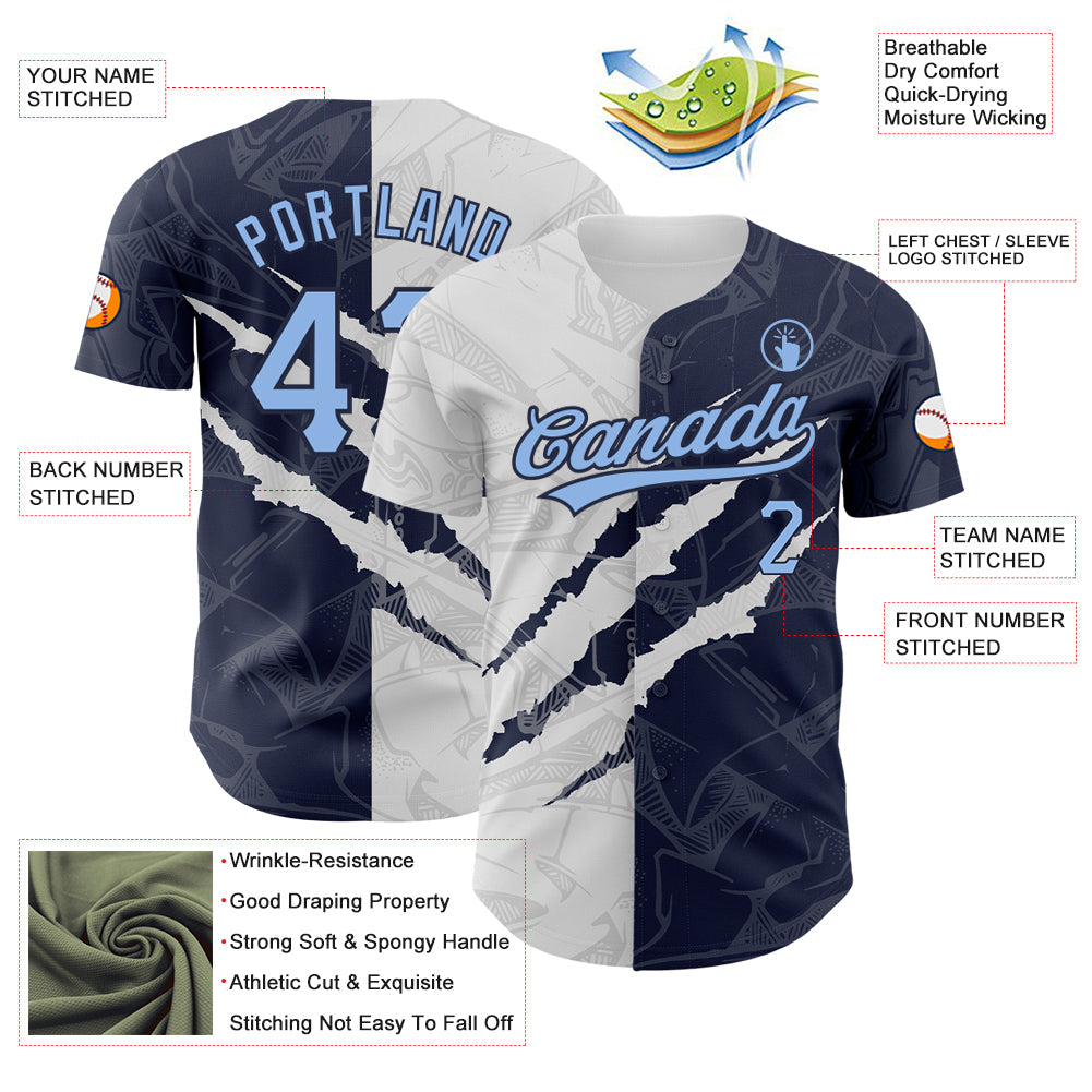 Custom Graffiti Pattern Light Blue-Navy 3D Scratch Authentic Baseball Jersey - Sky-Custom