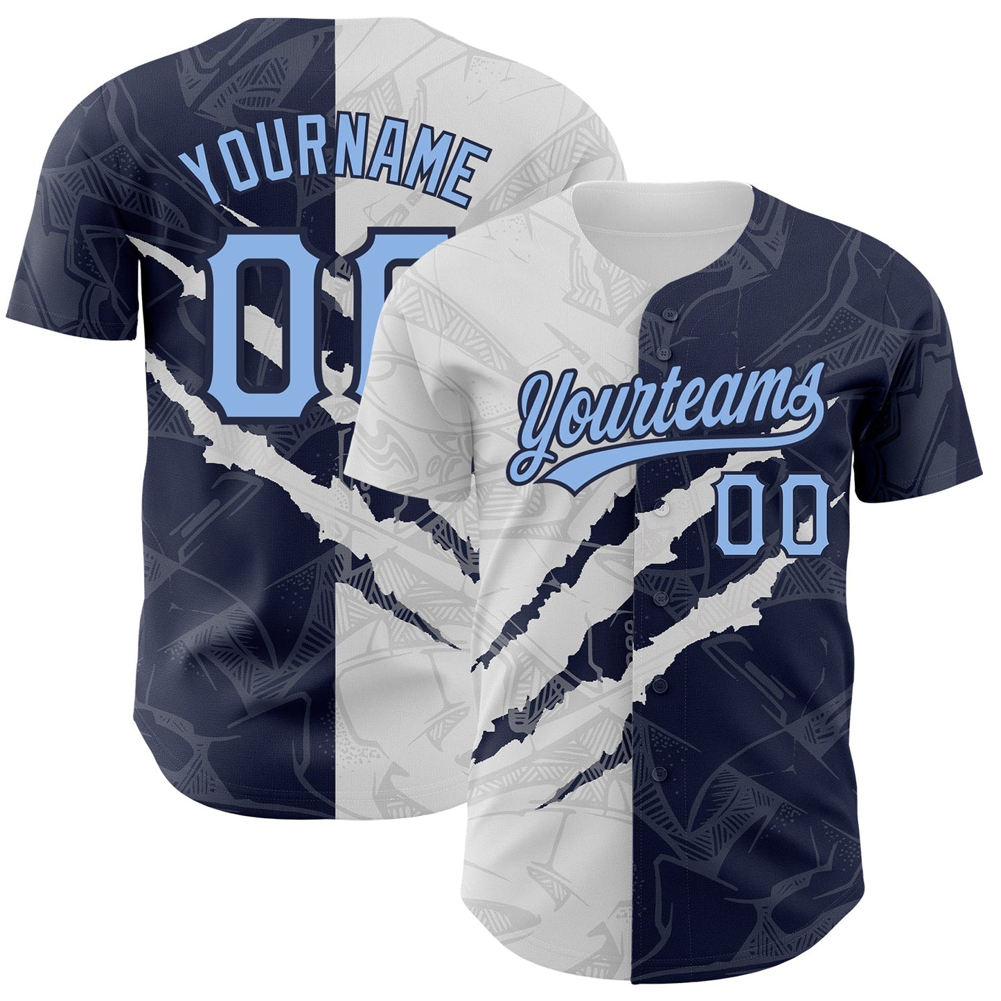 Custom Graffiti Pattern Light Blue-Navy 3D Scratch Authentic Baseball Jersey - Sky-Custom