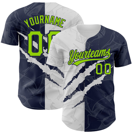 Custom Graffiti Pattern Neon Green-Navy 3D Scratch Authentic Baseball Jersey - Sky-Custom