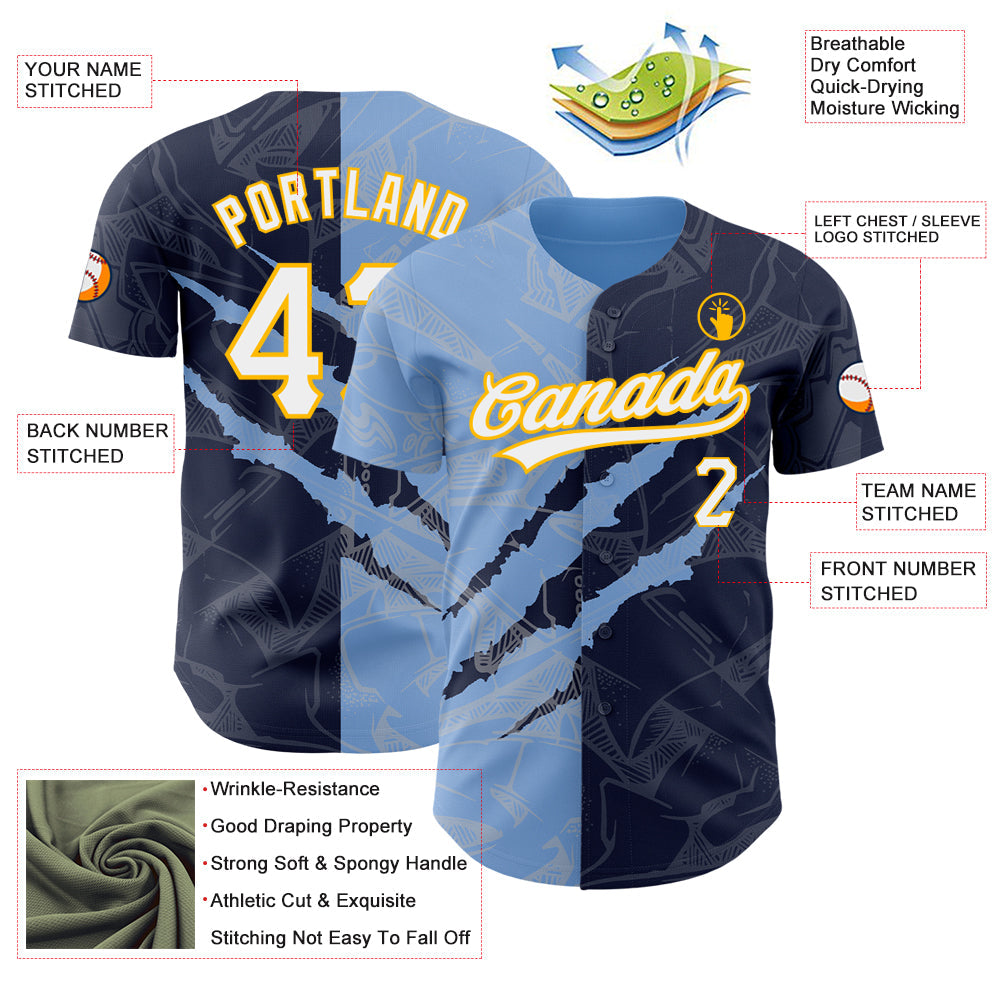 Custom Graffiti Pattern Navy Light Blue-Gold 3D Scratch Authentic Baseball Jersey - Sky-Custom