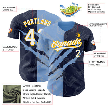 Custom Graffiti Pattern Navy Light Blue-Gold 3D Scratch Authentic Baseball Jersey - Sky-Custom
