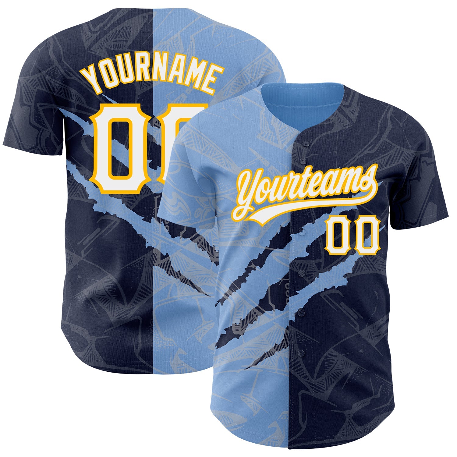 Custom Graffiti Pattern Navy Light Blue-Gold 3D Scratch Authentic Baseball Jersey - Sky-Custom