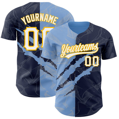 Custom Graffiti Pattern Navy Light Blue-Gold 3D Scratch Authentic Baseball Jersey - Sky-Custom