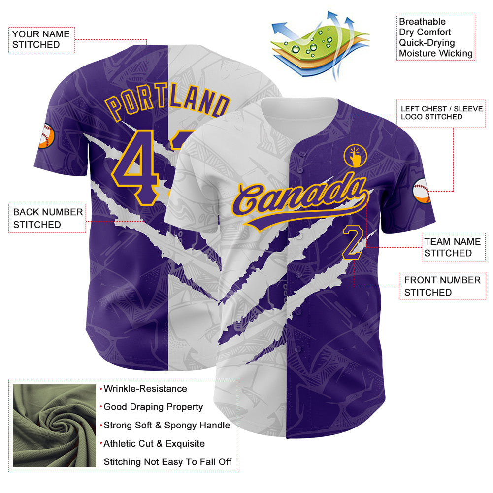 Custom Graffiti Pattern Purple-Gold 3D Scratch Authentic Baseball Jersey - Sky-Custom