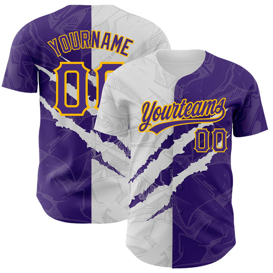 Custom Graffiti Pattern Purple-Gold 3D Scratch Authentic Baseball Jersey - Sky-Custom