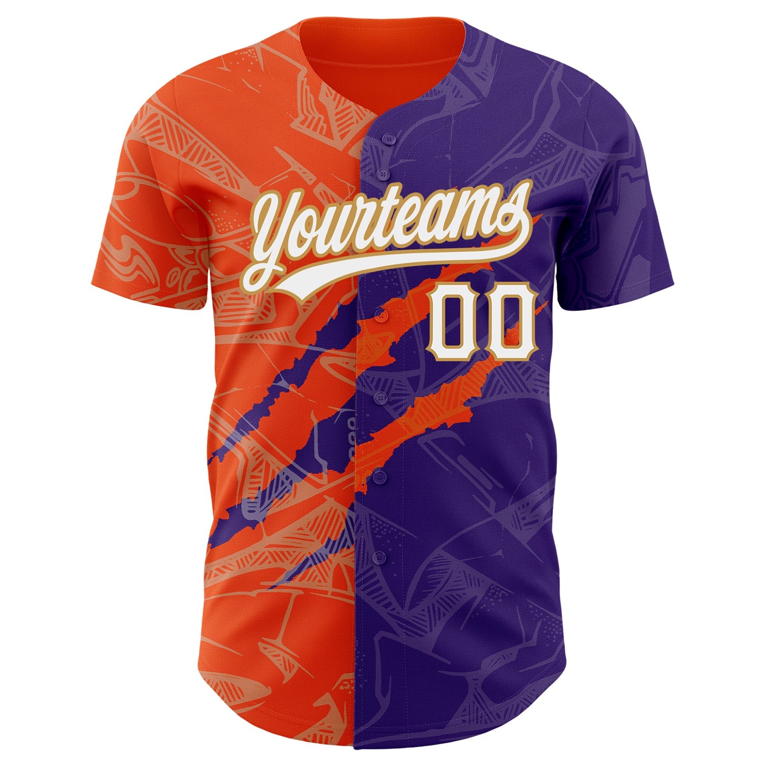 Custom Graffiti Pattern Purple Orange-Old Gold 3D Scratch Authentic Baseball Jersey - Sky-Custom