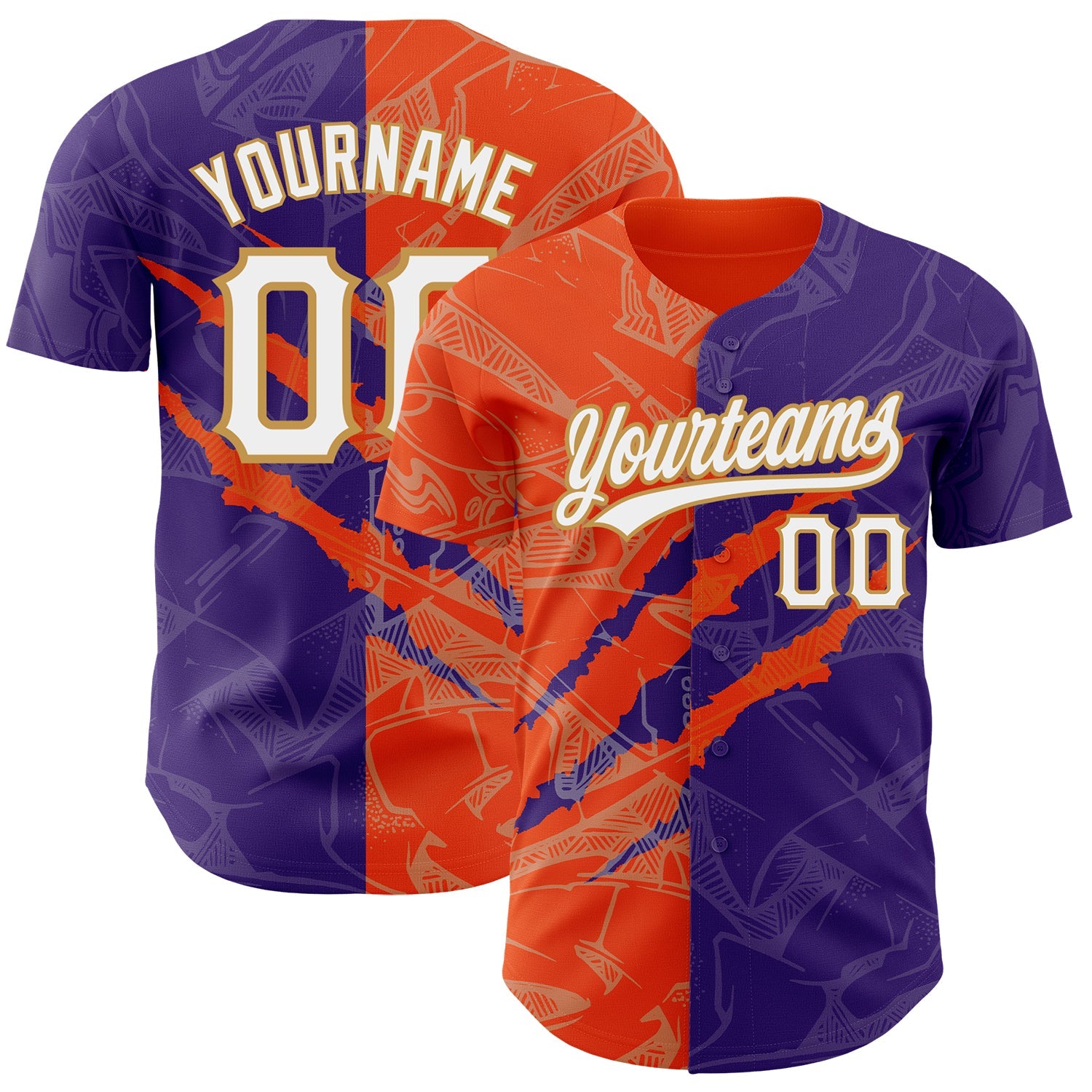 Custom Graffiti Pattern Purple Orange-Old Gold 3D Scratch Authentic Baseball Jersey - Sky-Custom