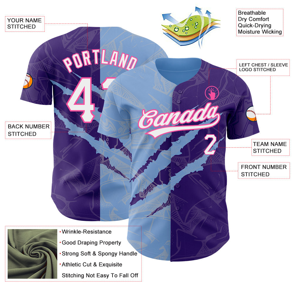 Custom Graffiti Pattern Purple Light Blue-Pink 3D Scratch Authentic Baseball Jersey - Sky-Custom