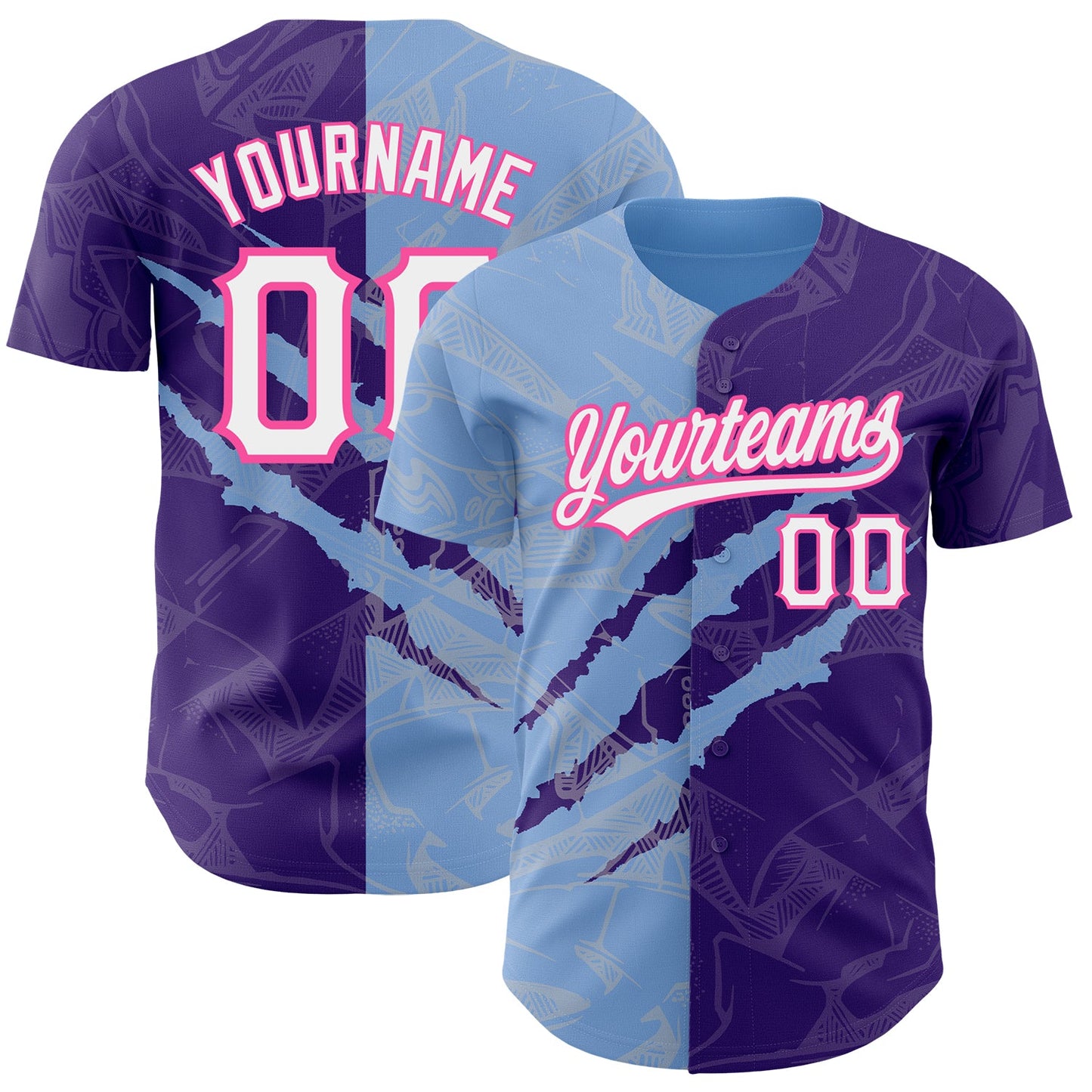 Custom Graffiti Pattern Purple Light Blue-Pink 3D Scratch Authentic Baseball Jersey - Sky-Custom